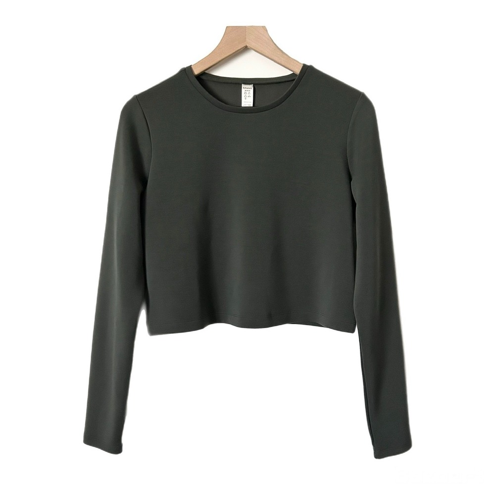 Spanx AirEssentials Long Sleeve Cropped Crew Green Gray Modal Blend Top Medium
